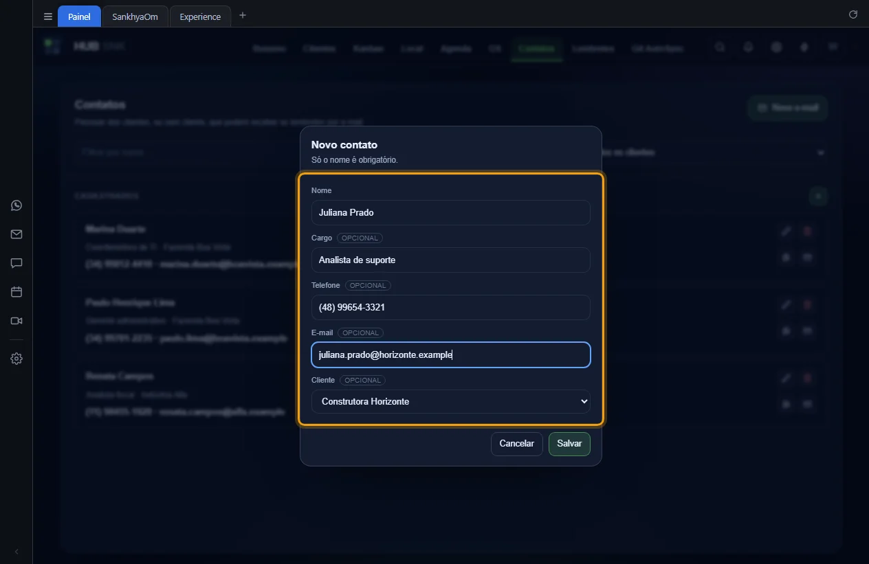 Janela Novo contato preenchida