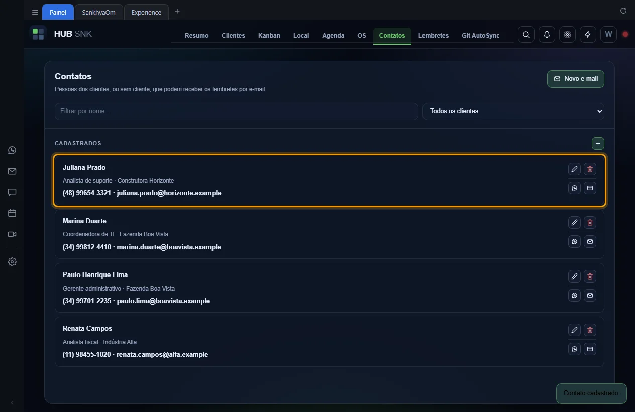 Contato novo na lista, com o aviso Contato cadastrado