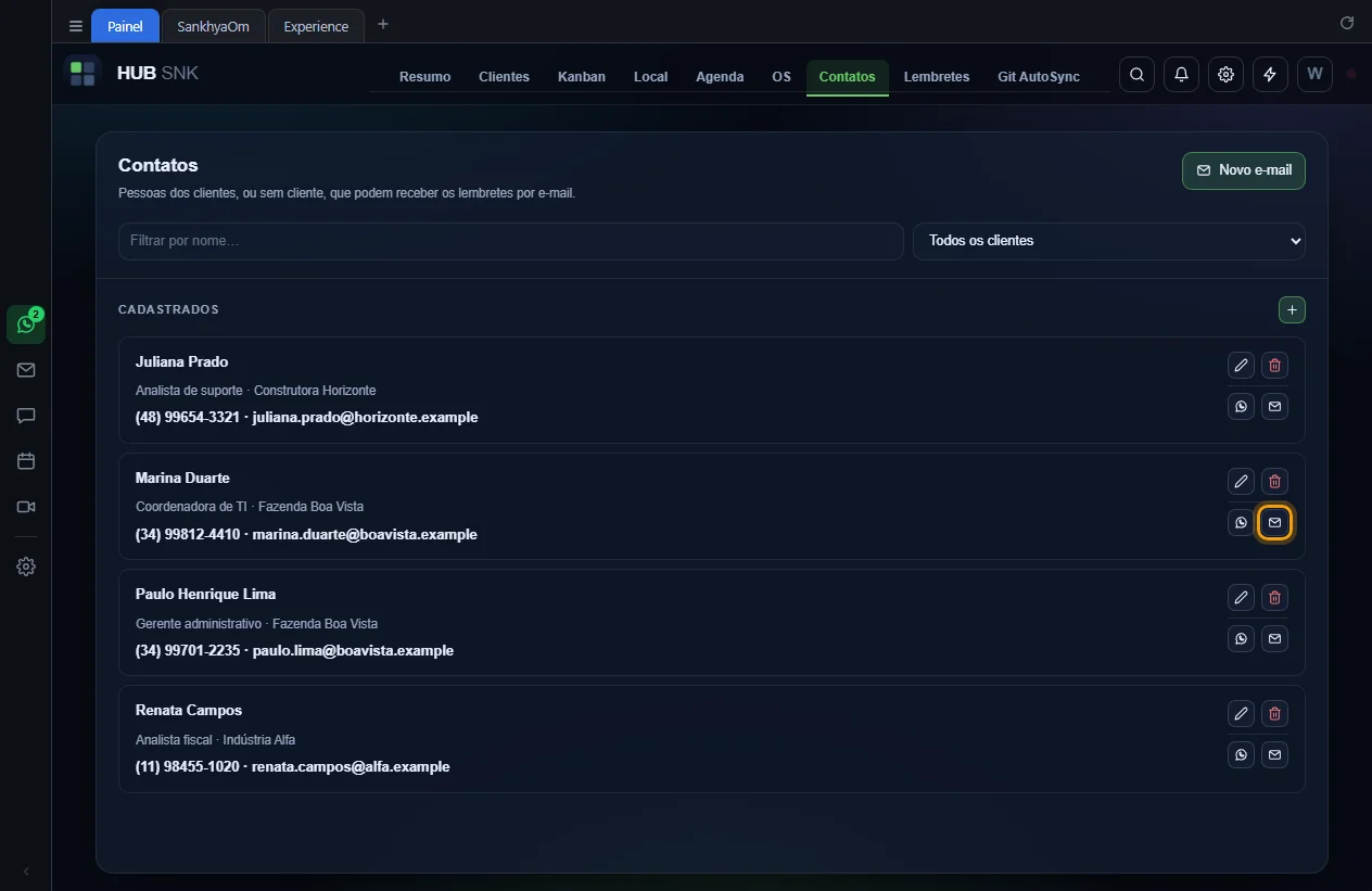 Botão Escrever e-mail destacado na linha da Marina Duarte