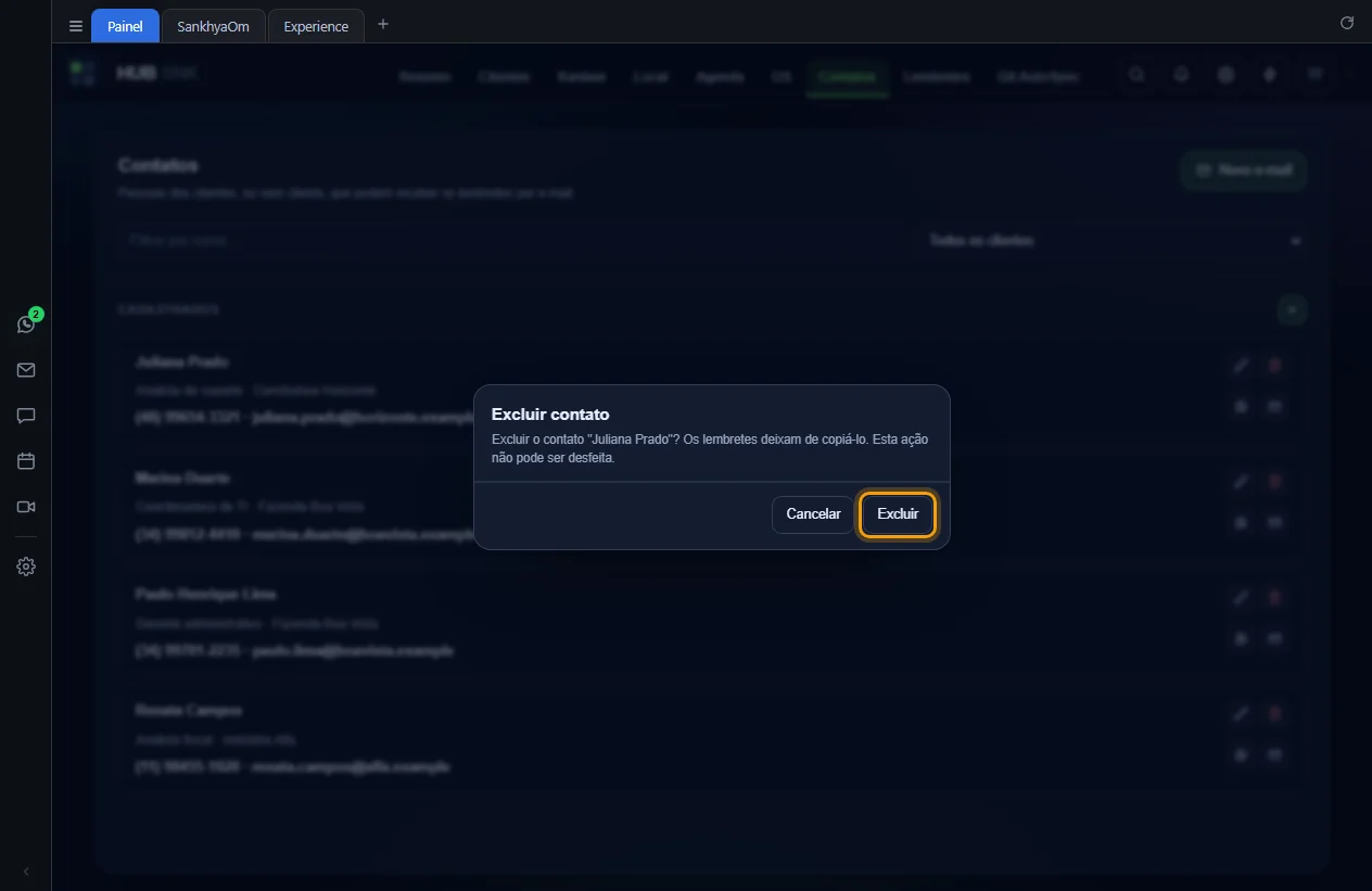 Janela de confirmação da exclusão do contato