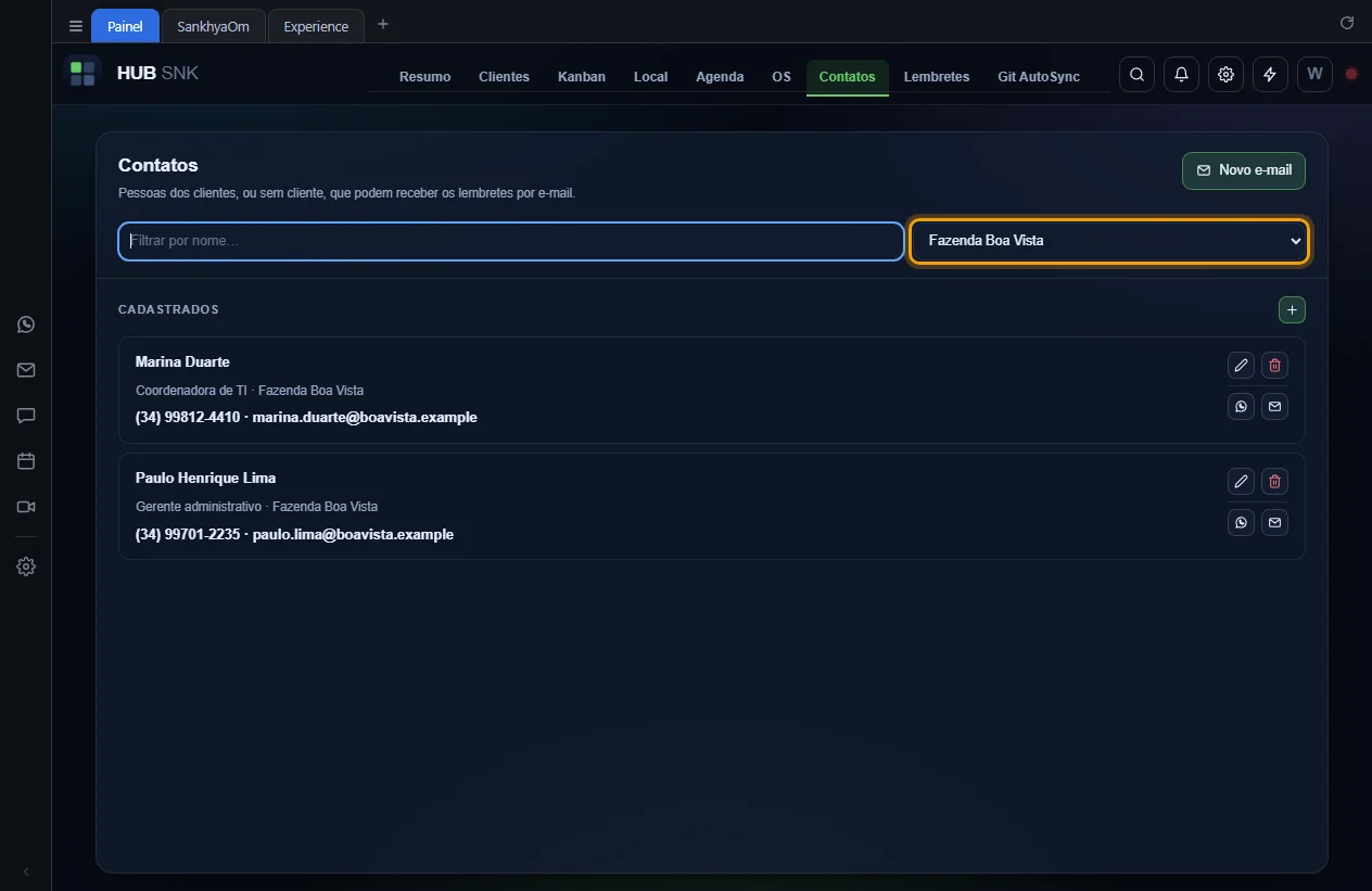 Lista de contatos filtrada pelo cliente Fazenda Boa Vista