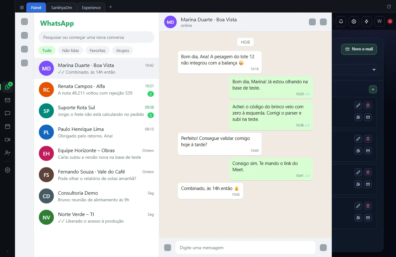 WhatsApp Web aberto no painel, na conversa com a Marina Duarte