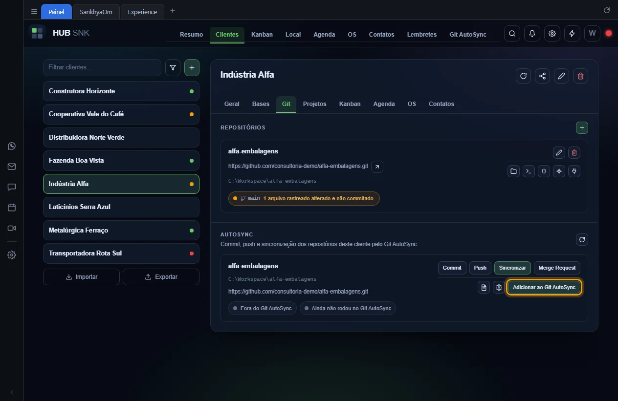 Seção AutoSync do cliente com o botão Adicionar ao Git AutoSync destacado