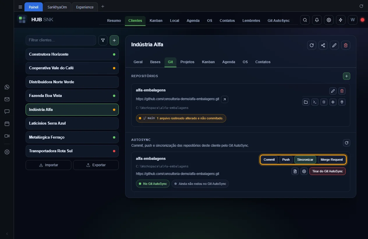 Botões Commit, Push, Sincronizar e Merge Request destacados