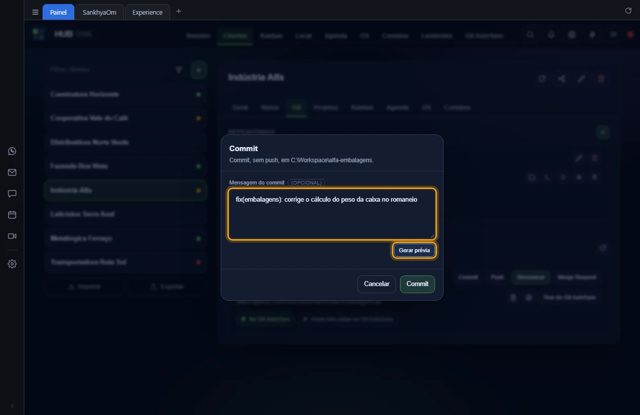 Janela Commit com a prévia da mensagem