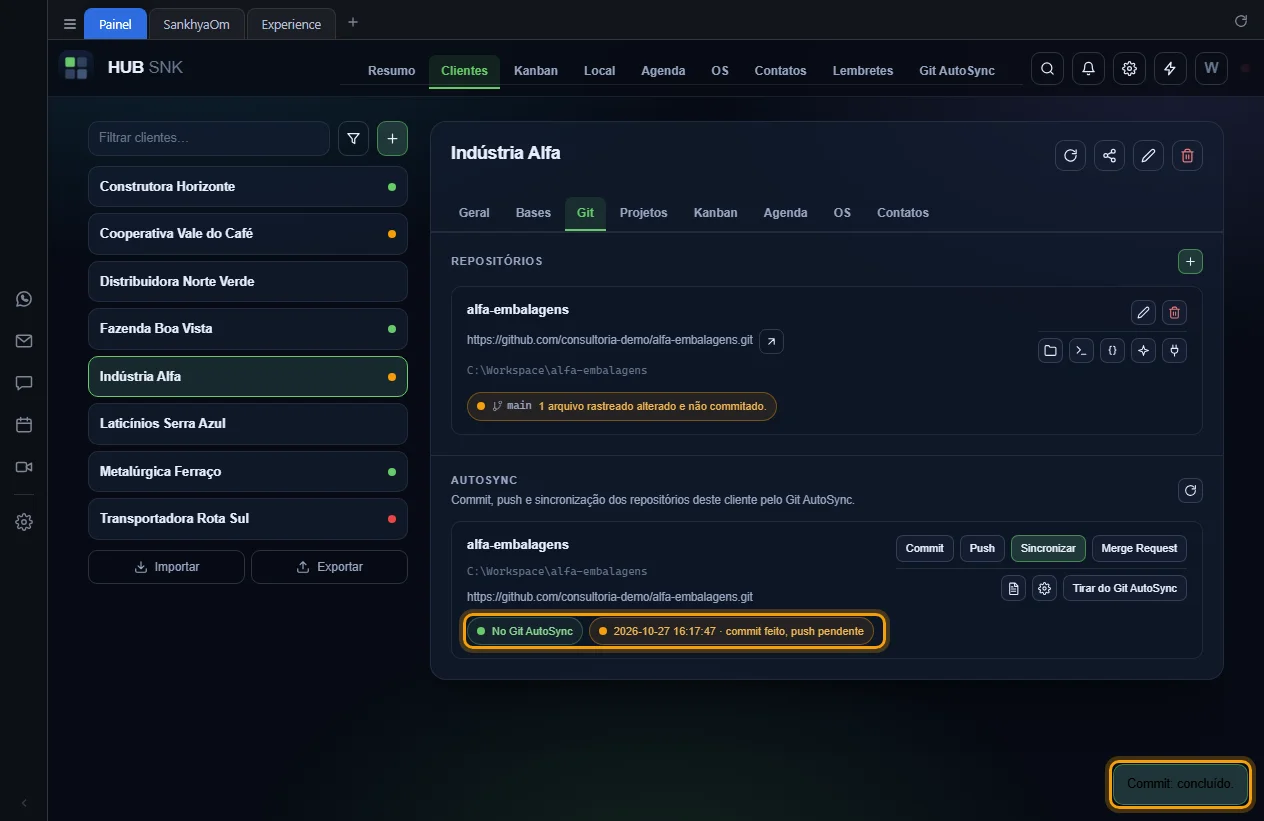 Último resultado commit feito, push pendente, com o aviso de conclusão