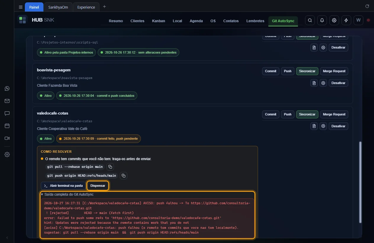Saída completa do Git AutoSync aberta e o botão Dispensar destacados