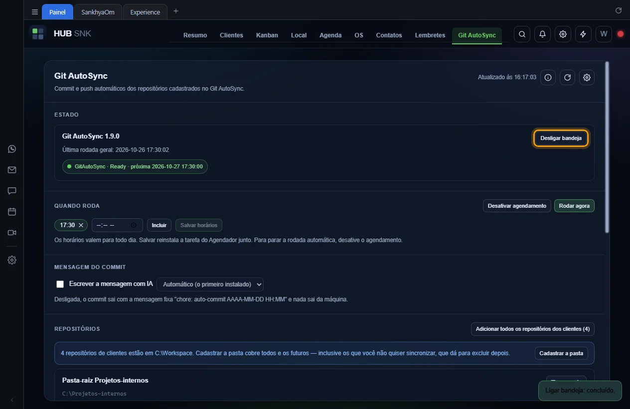 Botão Desligar bandeja destacado depois de ligar
