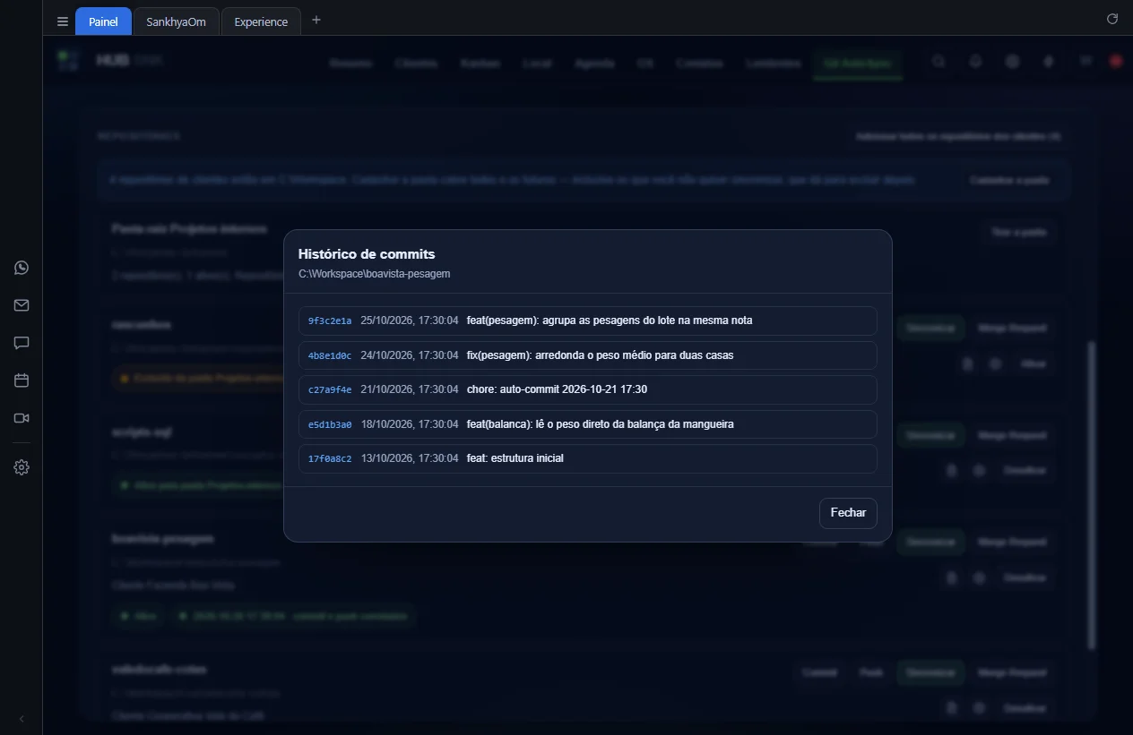 Janela Histórico de commits com a lista destacada