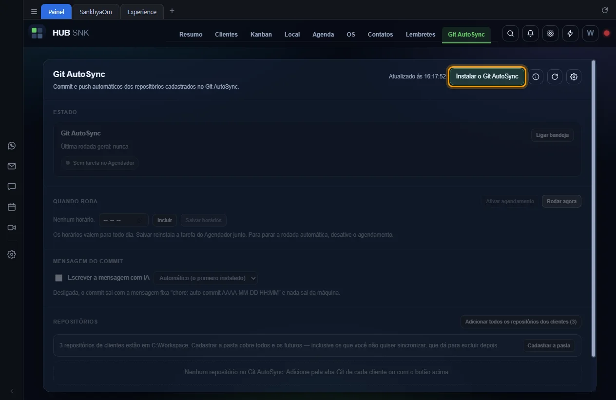 Aba Git AutoSync sem a ferramenta, com o botão Instalar o Git AutoSync destacado