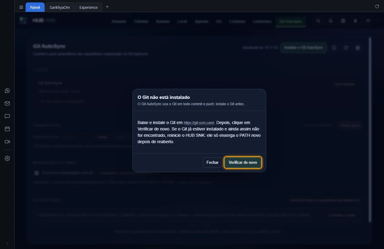 Janela O Git não está instalado com o botão Verificar de novo destacado
