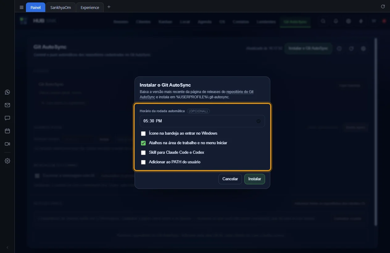 Janela Instalar o Git AutoSync com as opções destacadas