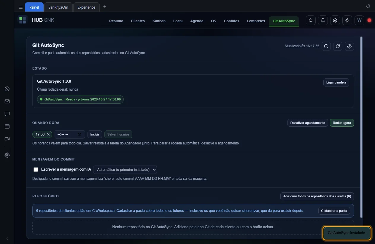 Aba Git AutoSync instalada, com o aviso Git AutoSync instalado