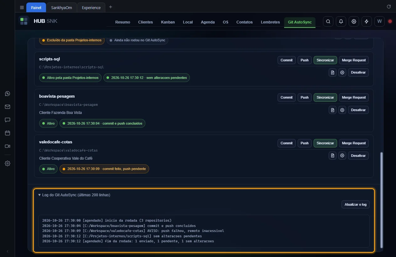 Grupo Log do Git AutoSync aberto com as linhas destacado