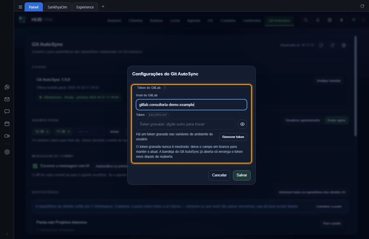 Janela Configurações do Git AutoSync com o host e o token do GitLab