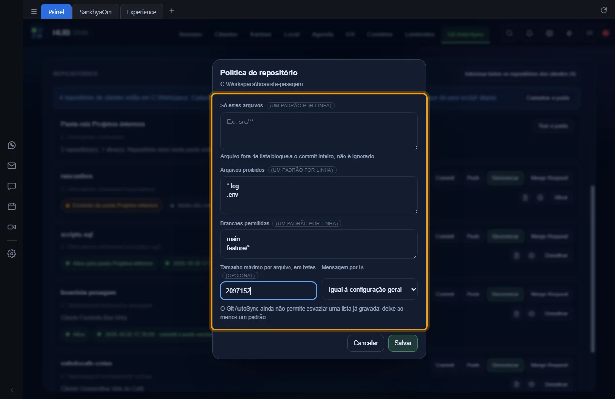 Janela Política do repositório com os campos destacados
