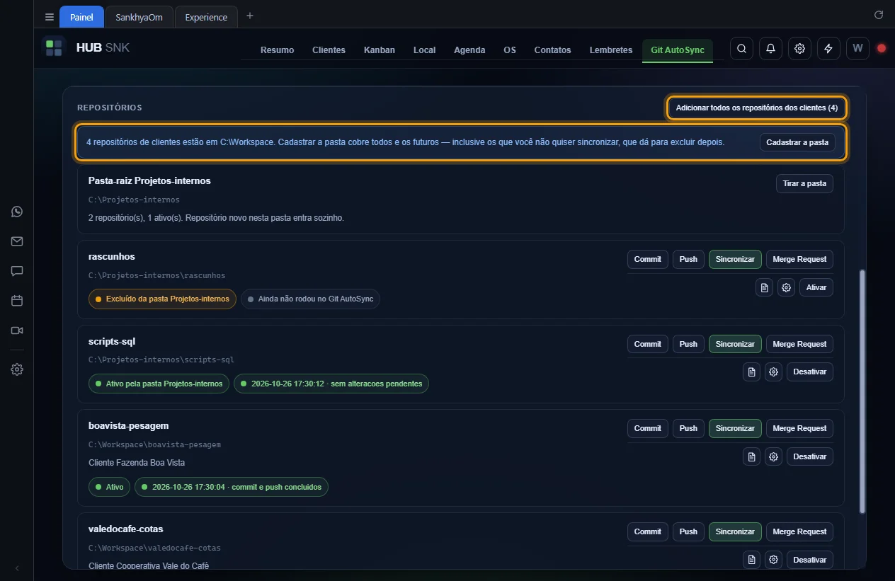 Botão Adicionar todos os repositórios dos clientes e a sugestão Cadastrar a pasta destacados