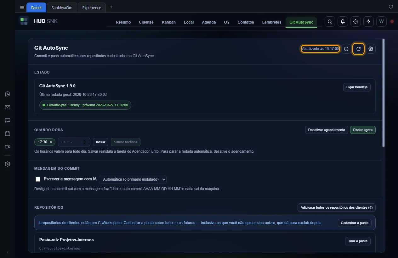 Aba Git AutoSync com a hora da leitura e o botão Atualizar destacados