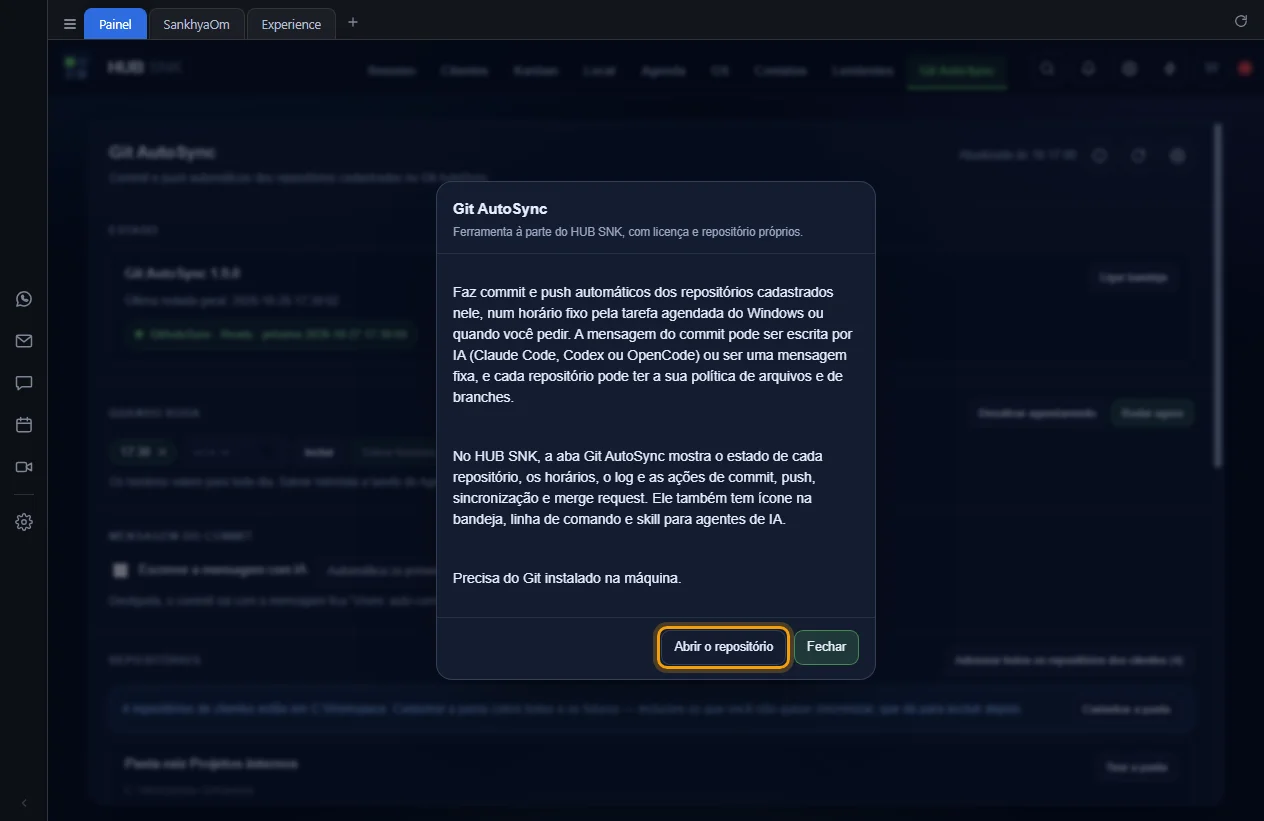 Janela Sobre o Git AutoSync com o botão Abrir o repositório destacado
