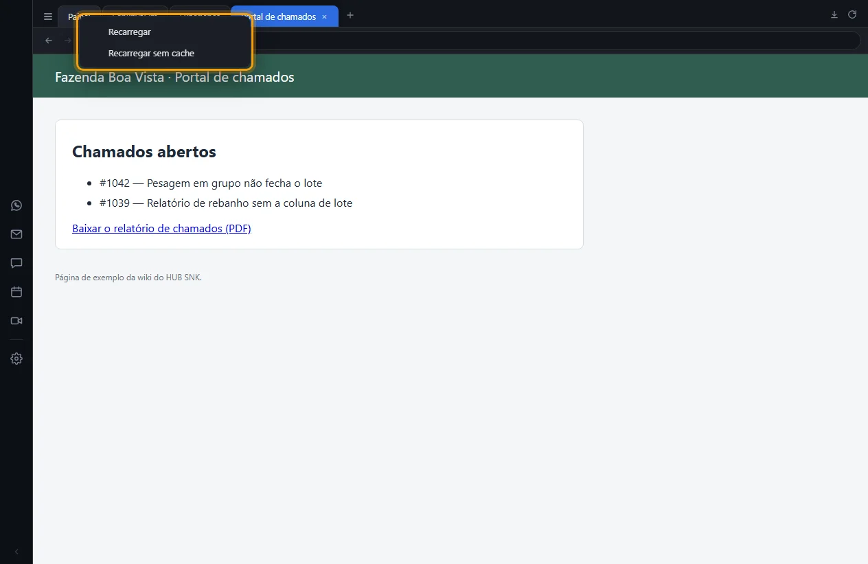 Menu do clique direito numa guia, com Recarregar e Recarregar sem cache