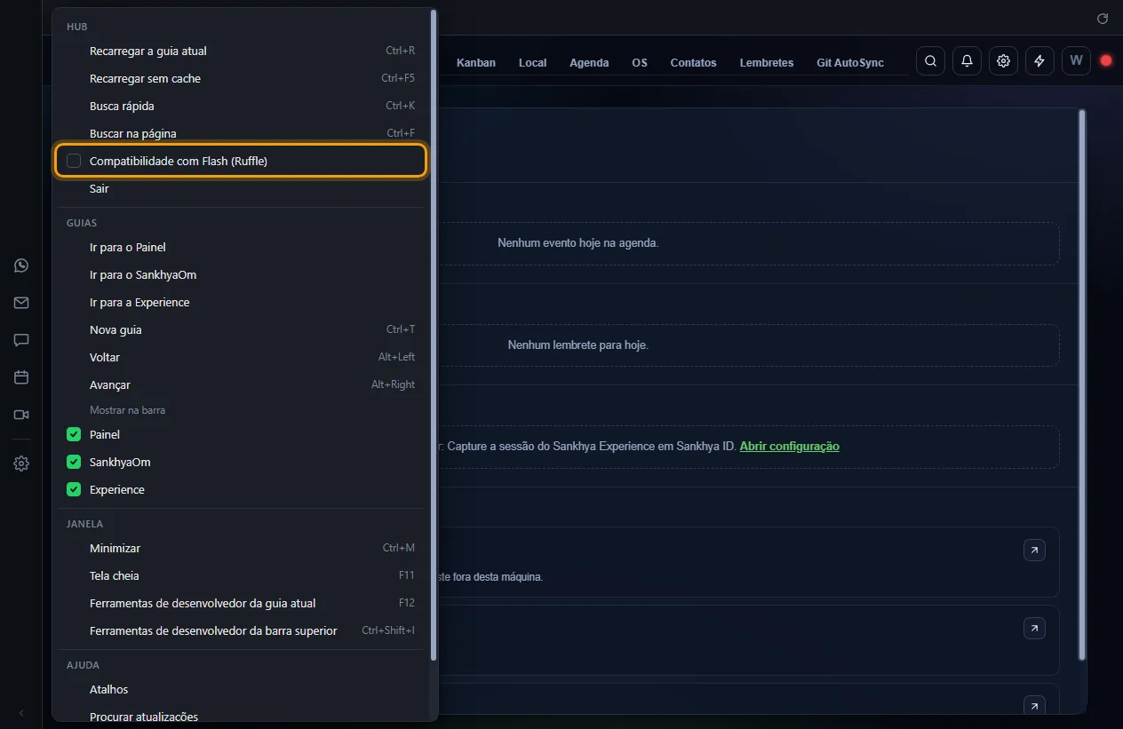 Caixa Compatibilidade com Flash (Ruffle) destacada no menu