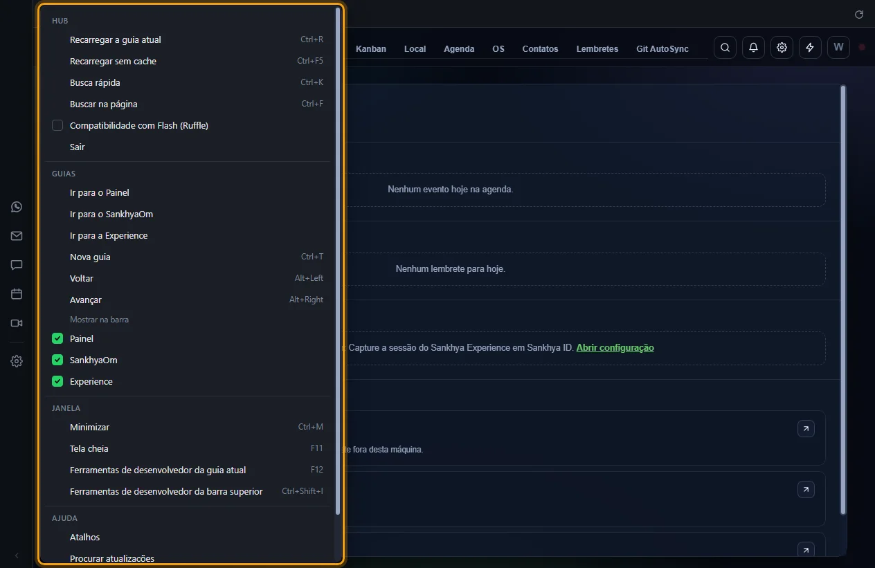 Menu do aplicativo aberto com as seções Hub, Guias, Janela e Ajuda