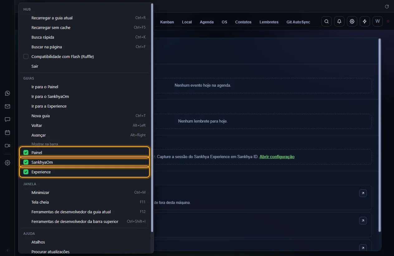 Caixas Painel, SankhyaOm e Experience destacadas em Mostrar na barra