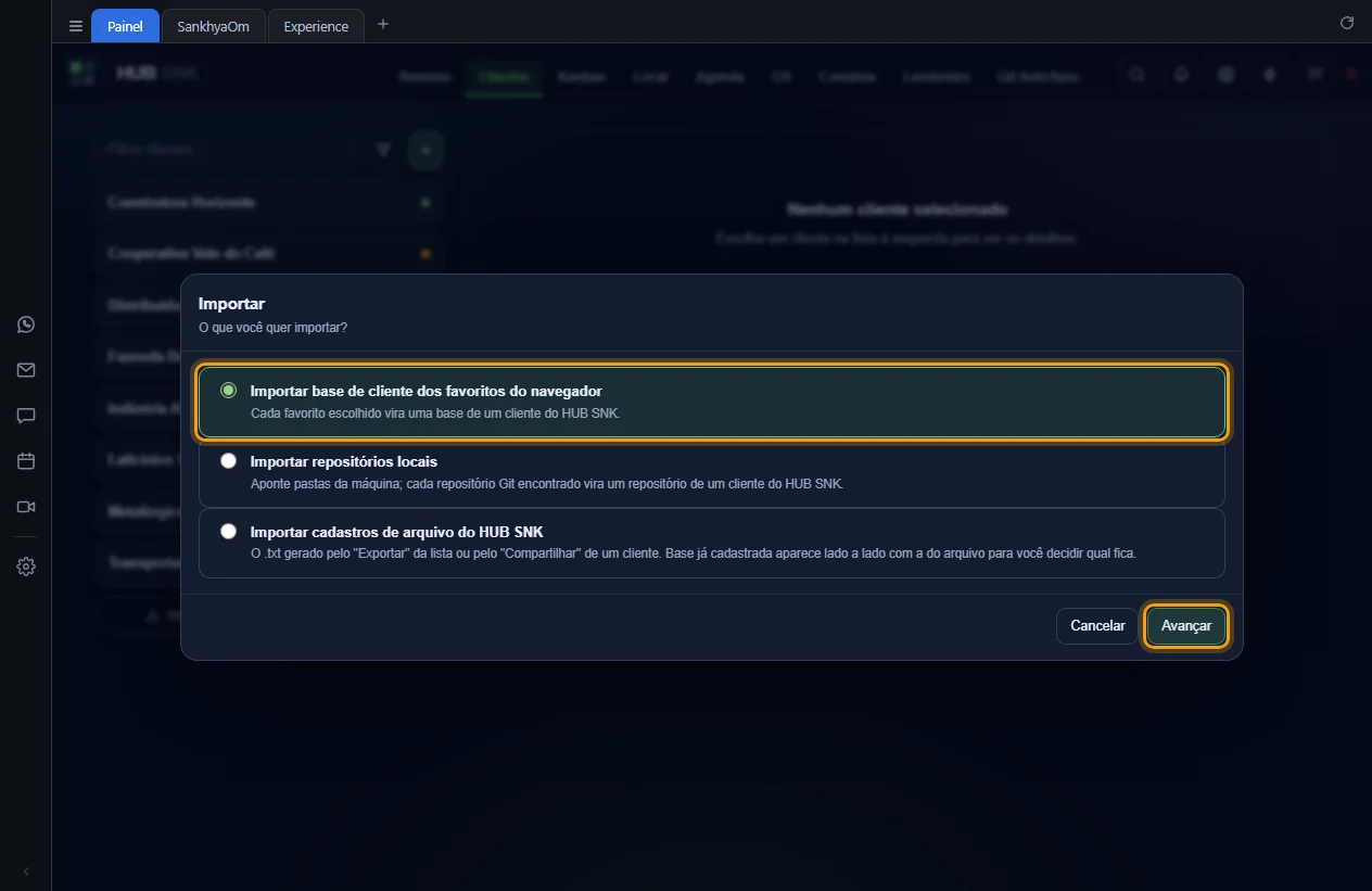 Janela Importar com as três opções e o botão Avançar destacados