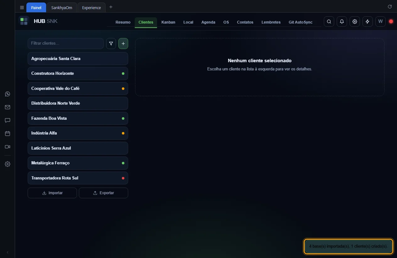 Cliente novo na lista, com o aviso 4 bases importadas, 1 cliente criado