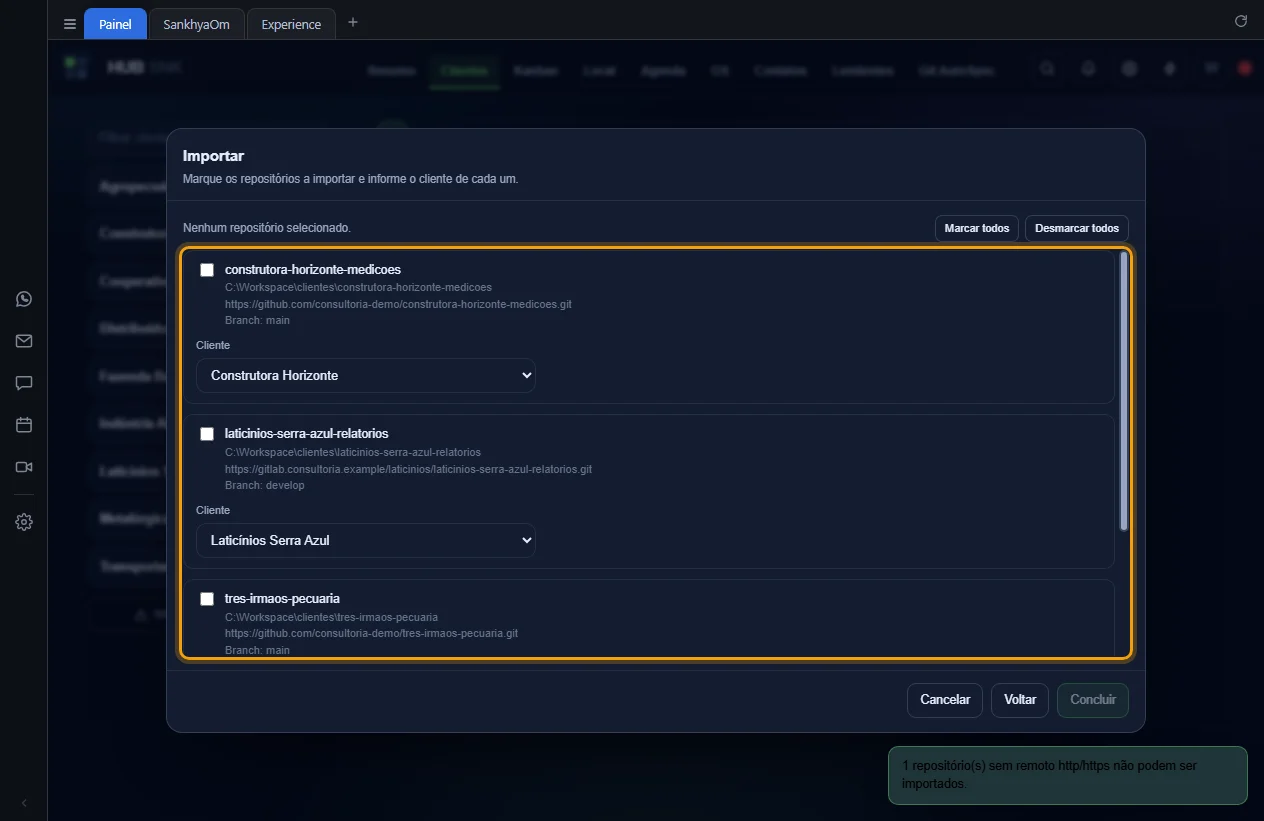 Repositórios encontrados, com o cliente sugerido em cada um