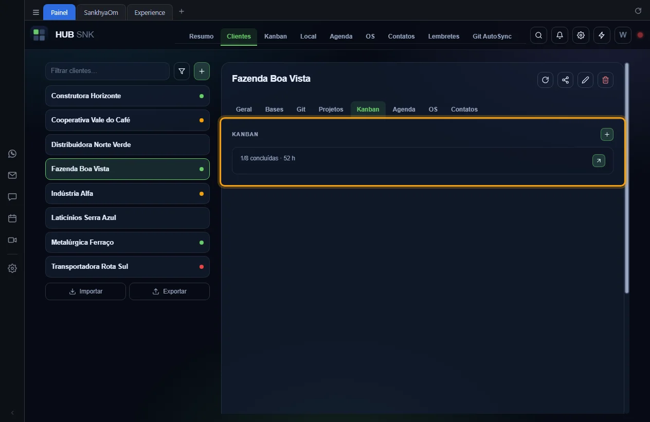 Seção Kanban do cliente com o resumo das tarefas