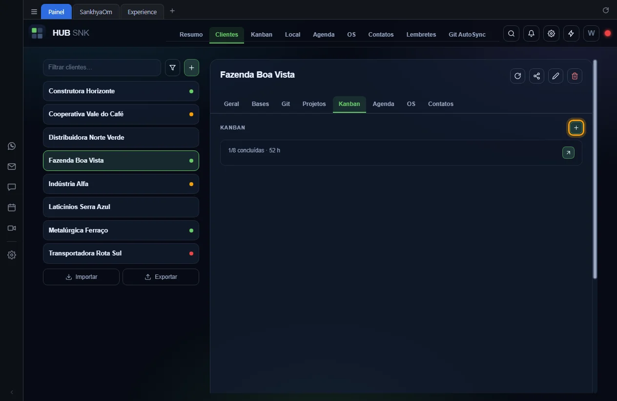 Botão + Novo kanban sem projeto destacado na aba Kanban