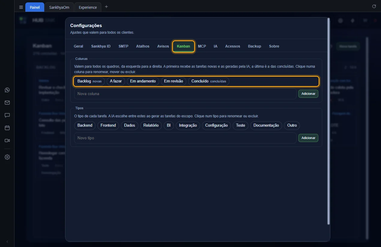 Aba Kanban das Configurações com as colunas destacadas