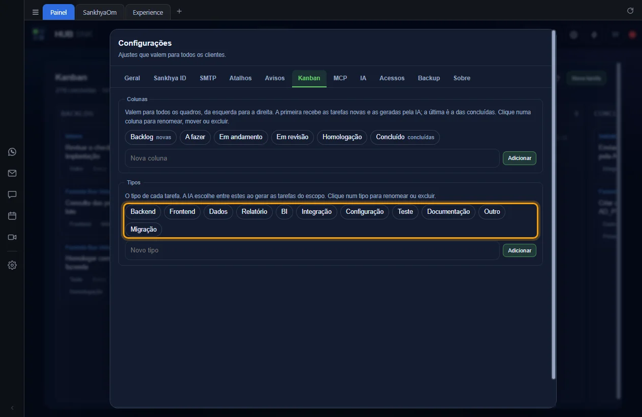 Lista de tipos com o tipo Migração incluído