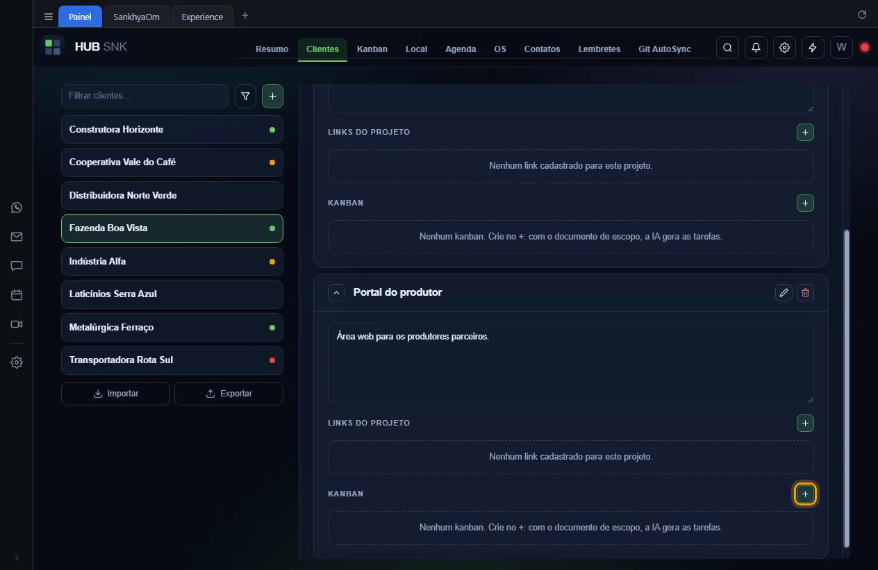 Botão + Novo kanban destacado na seção Kanban do projeto Portal do produtor