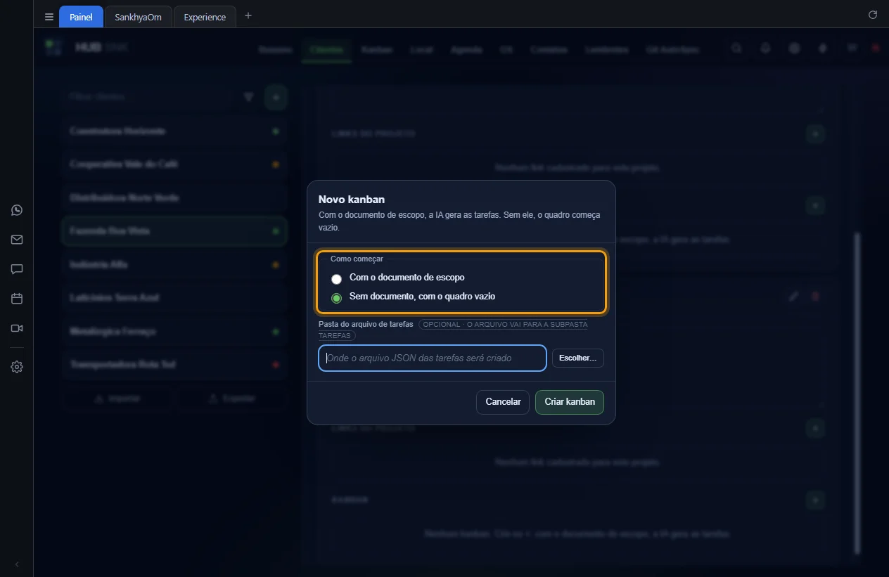 Janela Novo kanban com o grupo Como começar destacado