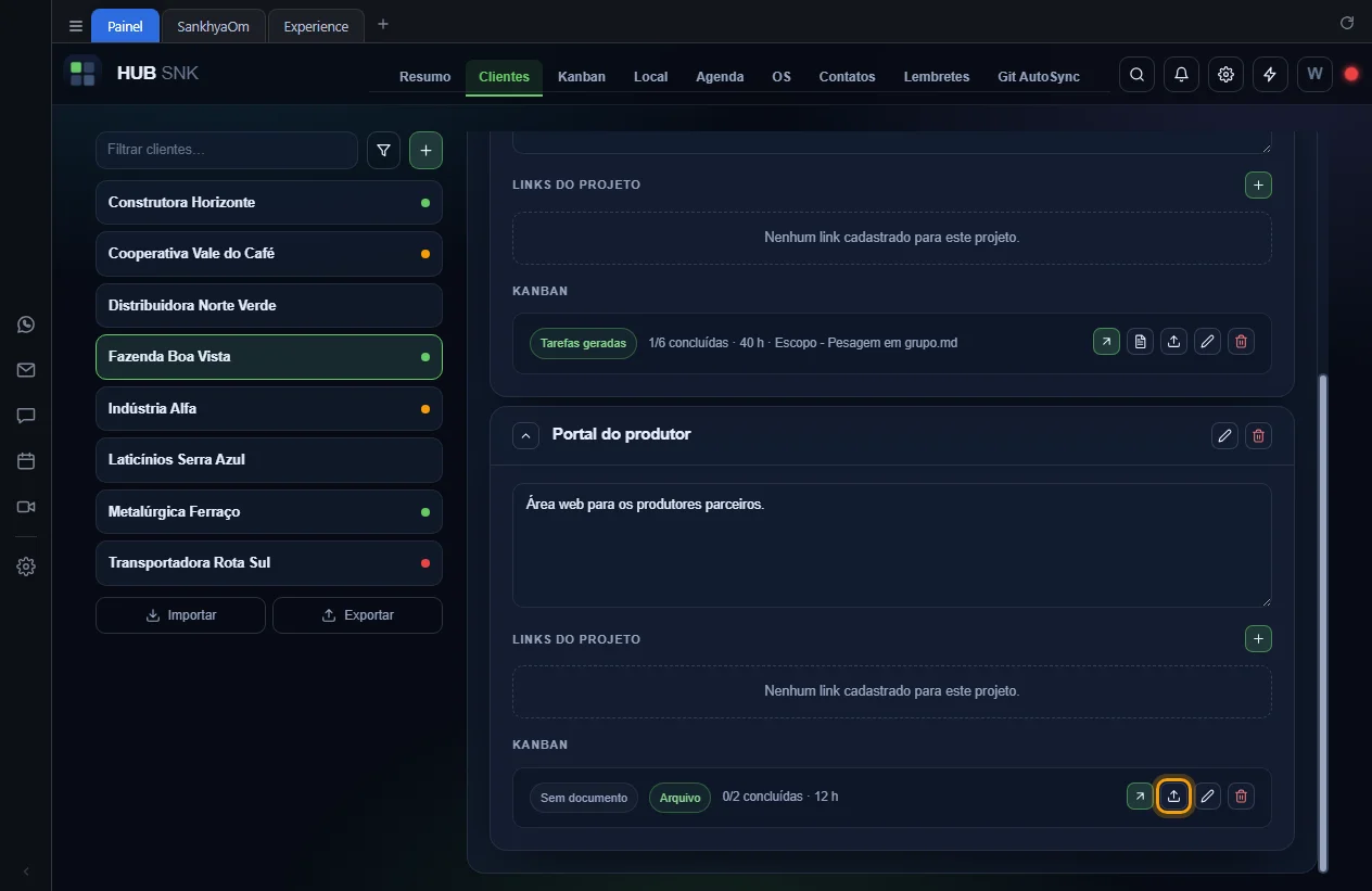 Botão Inserir documento para gerar as tarefas destacado na linha do kanban