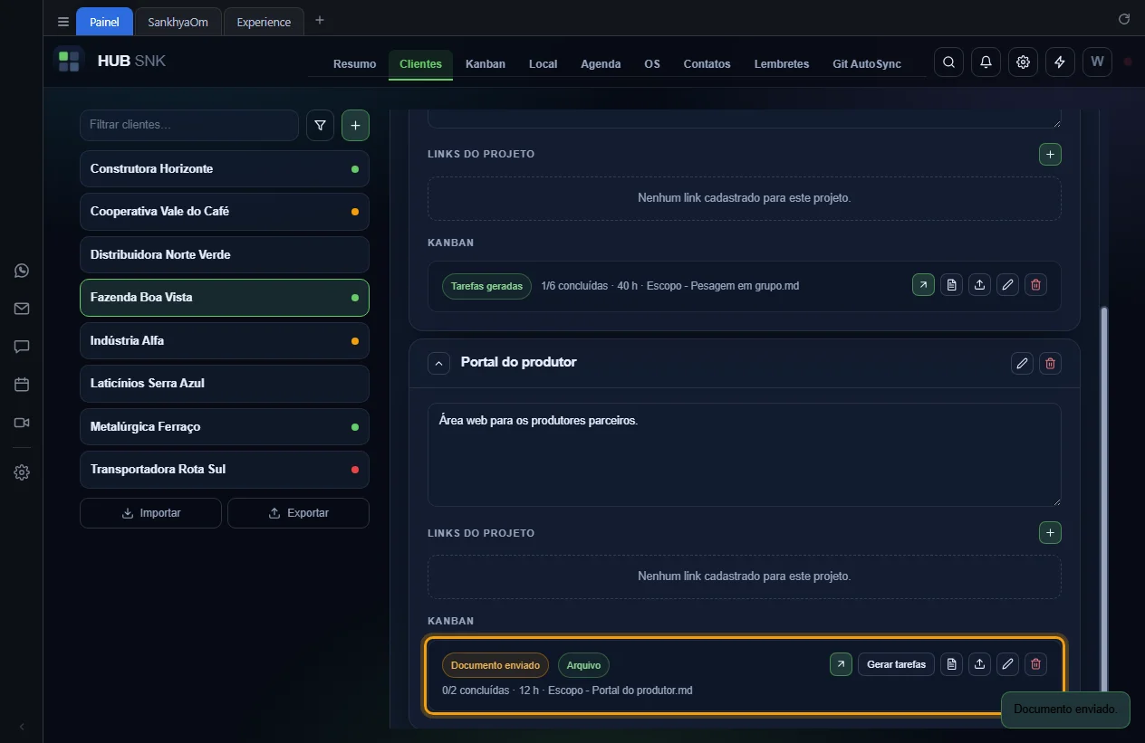 Linha do kanban com o selo Documento enviado e o nome do arquivo