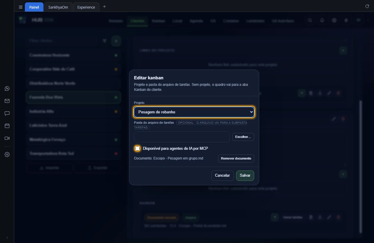 Janela Editar kanban com o campo Projeto e a caixa Disponível por MCP destacados