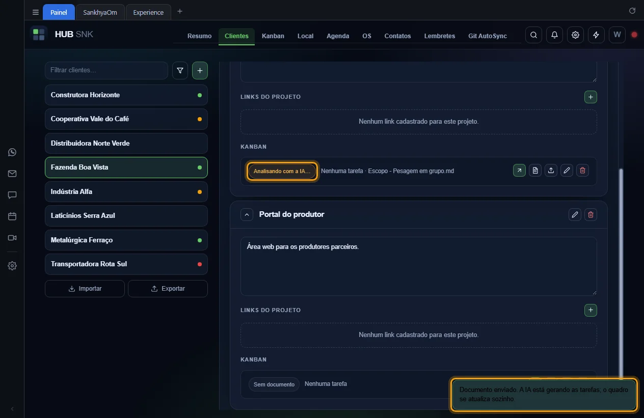 Selo Analisando com a IA na linha do kanban e o aviso de documento enviado