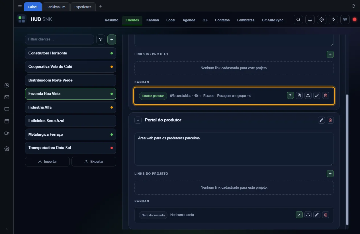 Linha do kanban com o selo Tarefas geradas