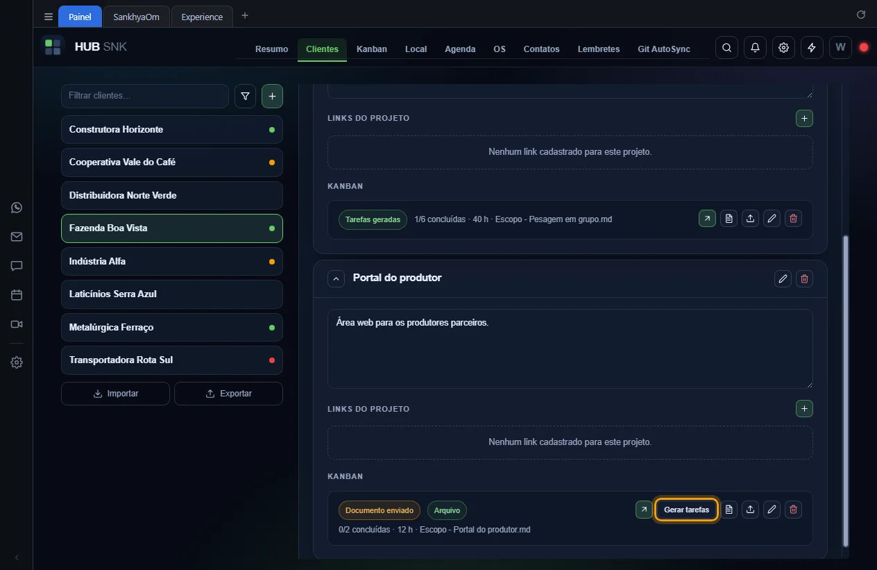 Botão Gerar tarefas destacado na linha de um kanban com Documento enviado