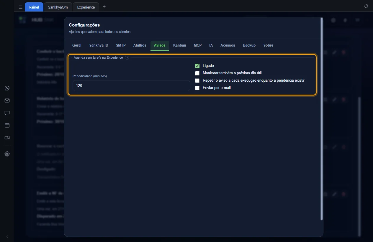 Grupo Agenda sem tarefa na Experience na aba Avisos, com Ligado marcado