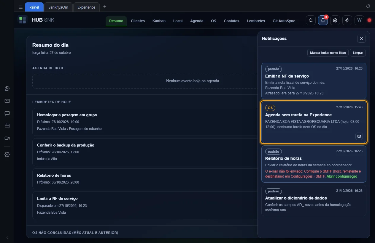 Notificação Agenda sem tarefa na Experience destacada no painel