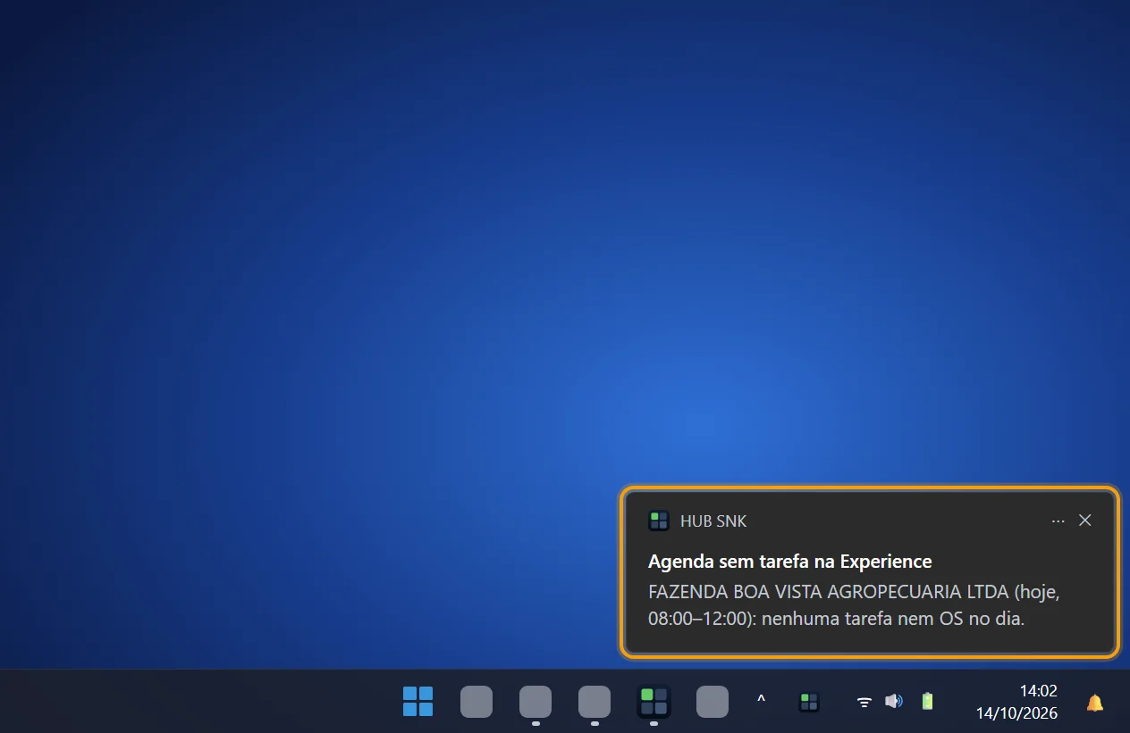 Aviso do Windows Agenda sem tarefa na Experience destacado no canto da tela