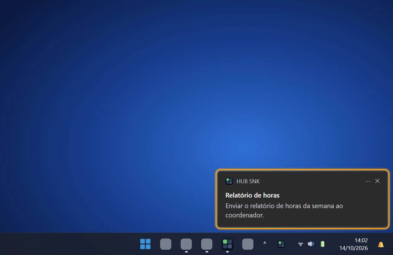 Aviso do Windows com a notificação Relatório de horas destacado no canto da tela