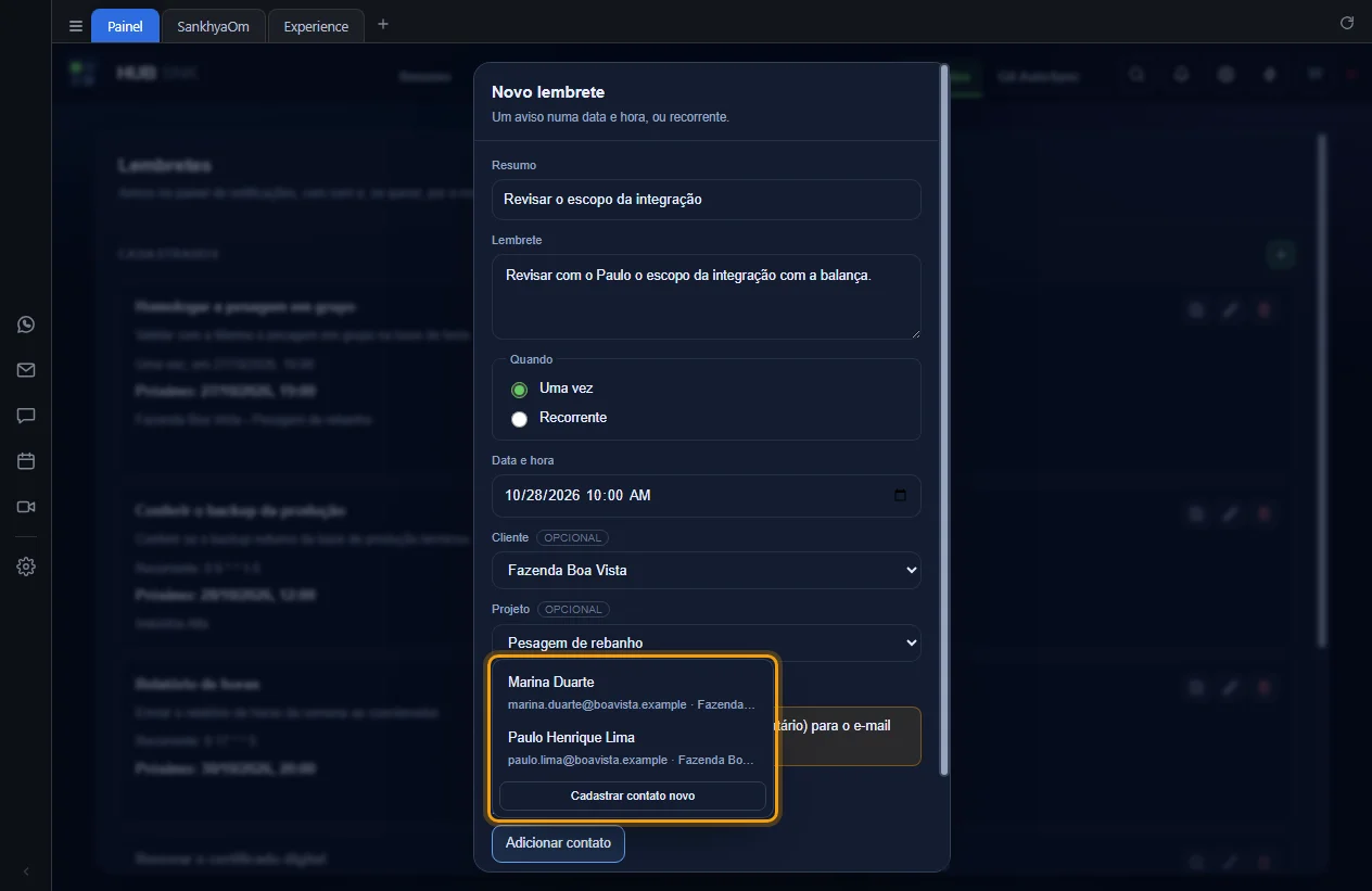 Lista de contatos com e-mail aberta por Adicionar contato