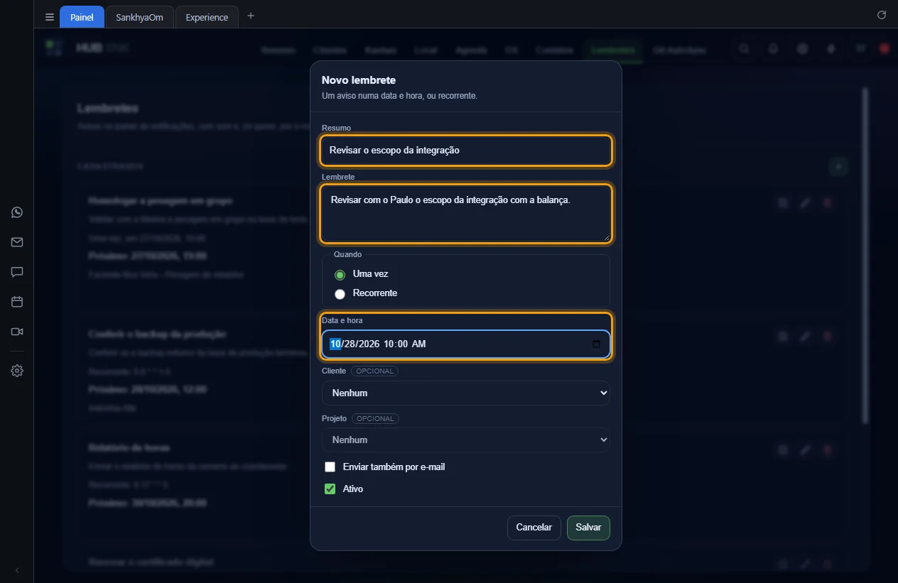 Janela Novo lembrete com resumo, texto e data preenchidos