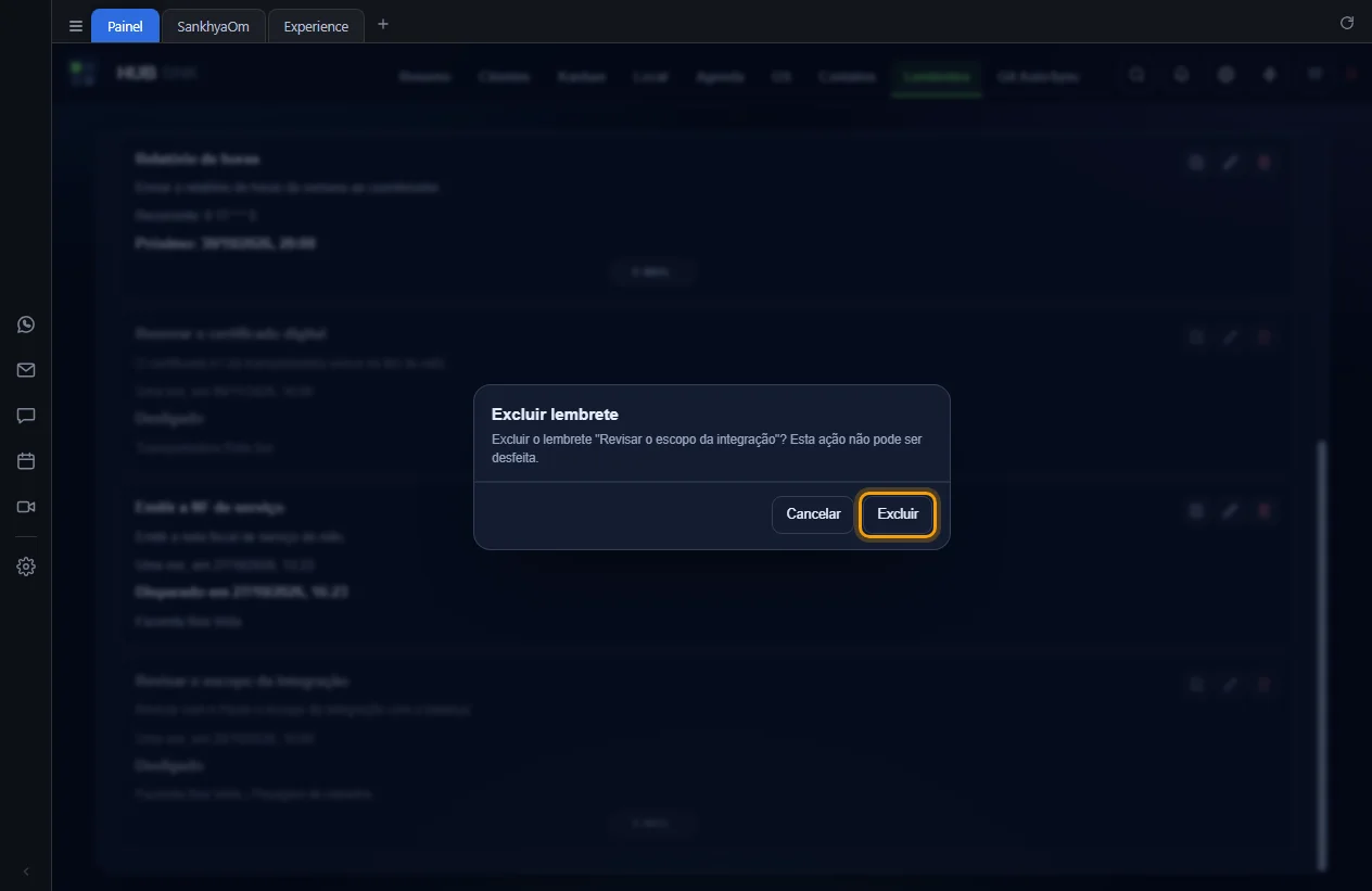 Janela de confirmação Excluir lembrete