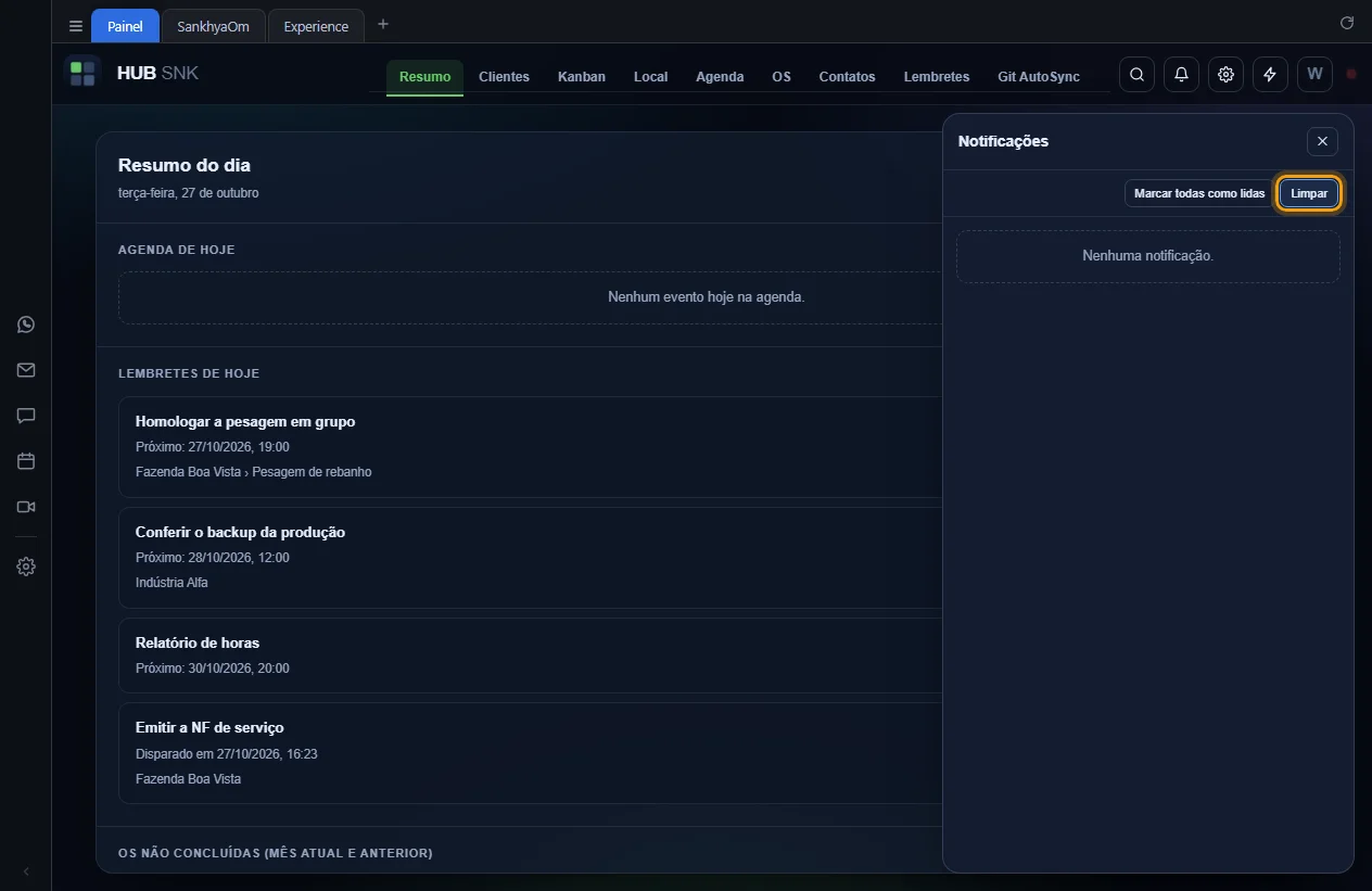 Botão Limpar destacado e o painel com Nenhuma notificação